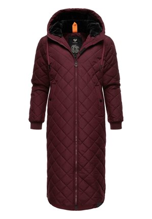 Burgundy long quilted coat with a hood, featuring ribbed cuffs, a zipper closure, and pocket details. The interior is lined with black fabric.