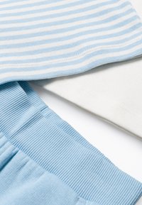 Zwei Stoffstücke: eines ist hellblau mit weißen Streifen, das andere ist einfarbig weiß. Beide verfügen über eine gerippte Textur und ein weiches Material.
