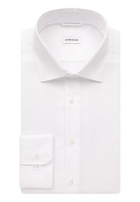 Chemise blanche en tissu texturé, dotée d'un col classique, d'une fermeture à boutons et d'un poignet simple. L'étiquette indique "seidensticker."
