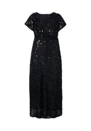 Schwarzes Abendkleid mit kurzen, schwingenden Ärmeln, aus strukturierter Stoff mit Pailletten besetzt und einem Wickel-V-Ausschnitt.