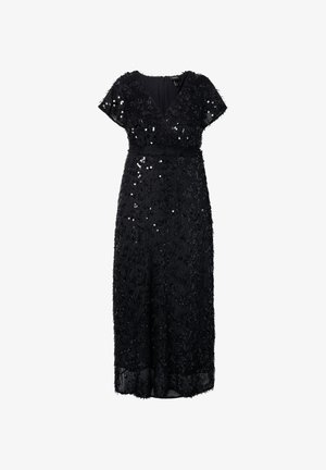 Černé večerní šaty s krátkými volánkovými rukávy, vyrobené z texturované látky zdobené flitry, s překříženým výstřihem do tvaru V.