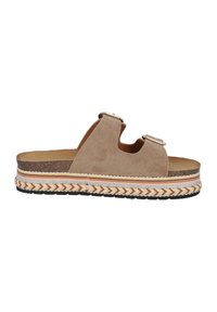 Beige ruskinds slidessandaler med to justerbare stroppe spænder, en tyk fletbund med brune og hvide mønstre, og en tekstureret sål.