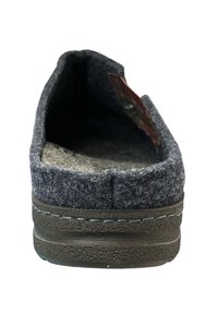 Grey felt slipper with a textured upper, round shape, and a black rubber sole featuring light blue stitching around the edge.