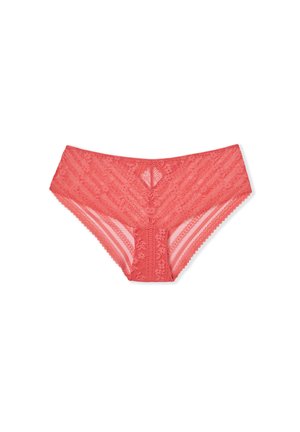 Culotte en dentelle corail avec des motifs floraux, des bords festonnés et une texture semi-translucide. Ce design offre un ajustement confortable.