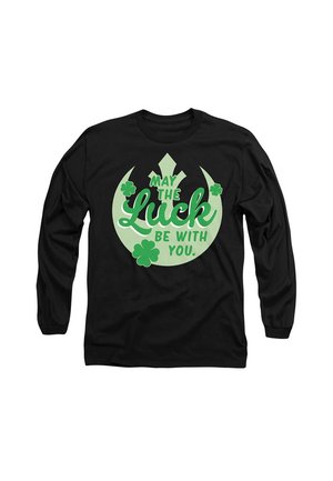 Schwarz-langärmliges Shirt mit grünem grafischem Text "Möge das Glück mit dir sein" und Kleeblatt-Illustrationen. Einfaches und symmetrisches Design.