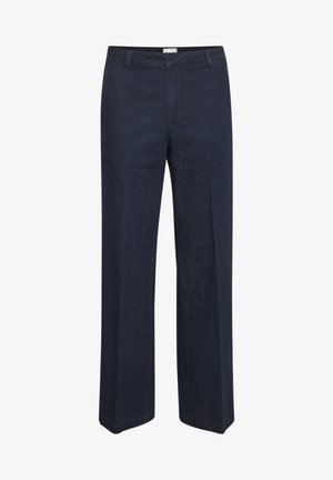 Pantaloni in denim blu scuro con gamba dritta, vita neutra e design classico; texture morbida con dettagli di cucitura sottili.