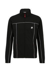 Zwarte zip-up jas van lichtgewicht stof met witte accenten en een rode ritssluiting. Voorzien van zijzakken en een hoge kraag.