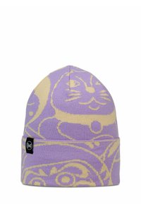 Purple knit beanie featuring gold cat design, folded cuff, and a black Buff label. Soft texture with patterned accents throughout.