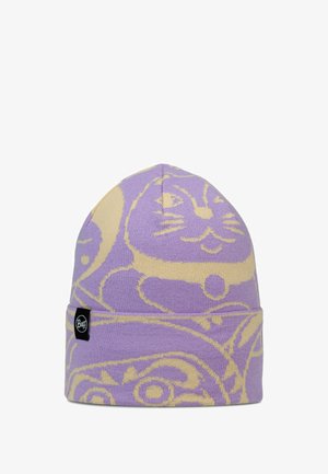 Purple knit beanie featuring gold cat design, folded cuff, and a black Buff label. Soft texture with patterned accents throughout.