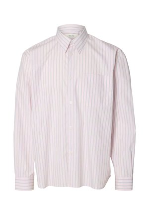 Camicia a maniche lunghe con bottoni, righe verticali rosa chiaro e blu, colletto appuntito e taschino sul petto.