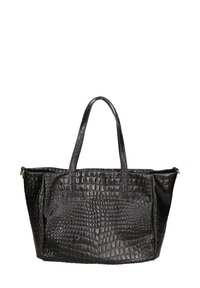 Borsa tote nera in pelle effetto coccodrillo, con due manici, ampia interni e superficie testurizzata. Presenta una forma strutturata e una leggera lucentezza.