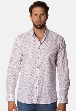 Camisa blanca de manga larga con un patrón de hojas en color marrón claro, con botones en la parte delantera y un pequeño detalle de logo. Tejido de mezcla de algodón, corte regular.