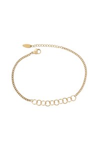 Gouden armband met onderling verbonden ronde accenten en een kettingontwerp met een stevige kreeftsluiting. Glad, glanzend oppervlak.