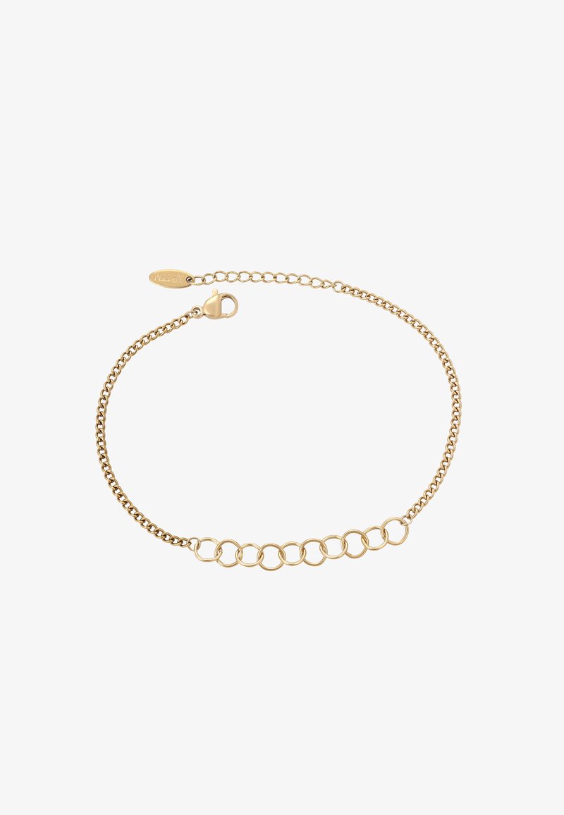 Náhrdelník ve zlatém tónu s propletenými kruhovými prvky a řetězovým designem, se zabezpečením pomocí karabinkového zapínání. Hladký, lesklý povrch.