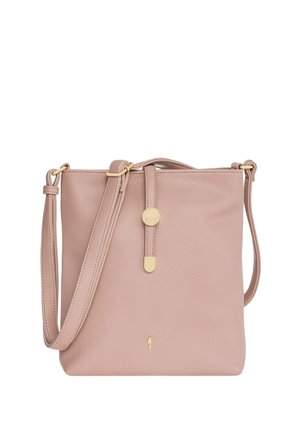 Jasnoróżowa skórzana torebka crossbody o gładkiej fakturze, płaskim kształcie, złotych akcentach i minimalistycznym wzornictwie. Posiada górne zapięcie.