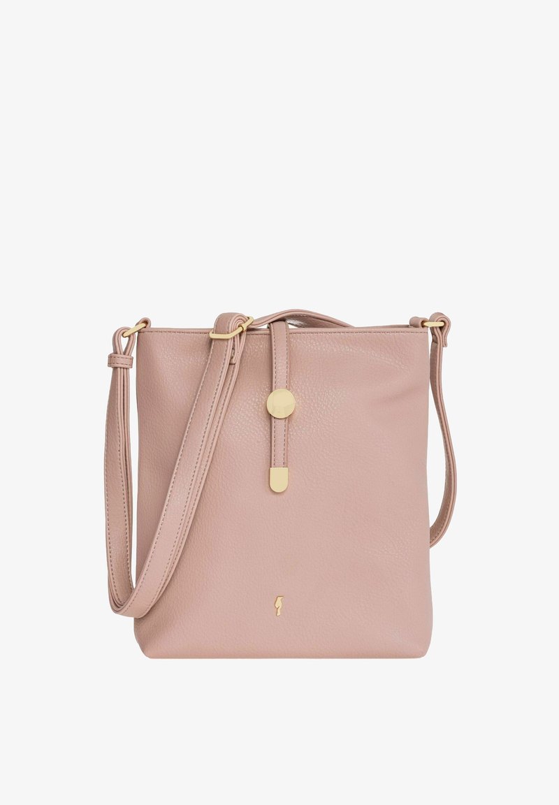 Jasnoróżowa skórzana torebka crossbody o gładkiej fakturze, płaskim kształcie, złotych akcentach i minimalistycznym wzornictwie. Posiada górne zapięcie.