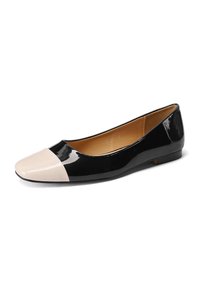 Ballerine in vernice nera con punta in vernice beige, forma arrotondata, texture liscia e tacco basso.