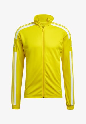 Giacca atletica gialla con colletto alto, zip completa e strisce bianche sui lati. Realizzata in materiale liscio e leggero. Presenta polsini elasticizzati.