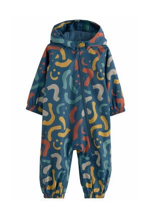 Veste de pluie colorée en bleu avec des motifs abstraits jaunes, rouges et verts. Dotée d'une capuche, d'un zip sur le devant et de poignets élastiques. Matériau imperméable.