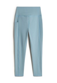 Leggings azzurri chiari con vita alta, dotati di una tasca laterale e cuciture a contrasto per un dettaglio aggiuntivo. Realizzati in materiale elastico.