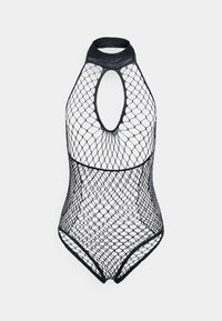 Bodysuit preto em rede com gola alta, costas abertas e um design ajustado. Apresenta grandes padrões de diamante e bordas suaves.
