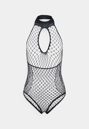 Body in rete nero con collo alto, schiena scoperta e design aderente. Presenta ampi motivi a diamante e bordi lisci.