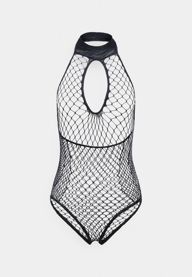 Bodysuit preto em rede com gola alta, costas abertas e um design ajustado. Apresenta grandes padrões de diamante e bordas suaves.