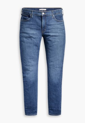 Blue denim jeans with a slim fit, featuring a classic five-pocket design and a slight fade for a worn look. Button closure at the waist.