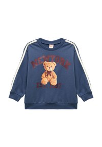 Marineblauw sweatshirt met lange mouwen, voorzien van crème zijstrepen, een teddybeerafbeelding en de tekst "NEW YORK EST. 1987" in bordeauxrood.