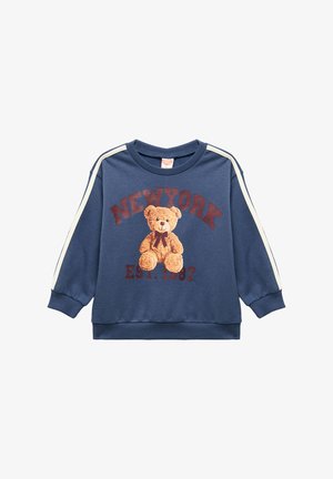 Marineblå sweatshirt med lange ærmer, prydet med cremefarvede sidelister, et teddy bear grafisk motiv og teksten "NEW YORK EST. 1987" i bordeaux.