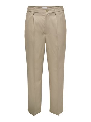 Beige tailored trousers with a straight leg, featuring front pleats, a button closure, and belt loops. Smooth, lightweight fabric.