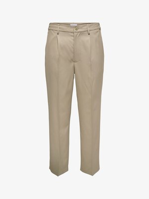 Beige tailored trousers with a straight leg, featuring front pleats, a button closure, and belt loops. Smooth, lightweight fabric.