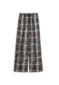 Weite Karottenhose aus schwarzem, beigem und grauem Karo mit elastischem Bund und Kordelzug. Weicher, strukturierten Stoff mit einem karierten Muster.