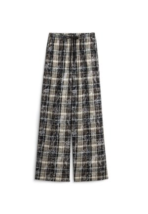 Pantaloni a gamba larga con motivo a quadri in nero, beige e grigio, dotati di vita elastica e coulisse. Tessuto morbido e testurizzato con un motivo a scacchi.