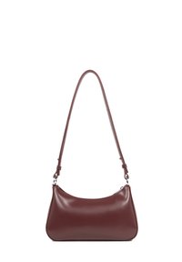 Borsa in pelle bordeaux con una forma curva, tracolla slim regolabile e una finitura liscia. Presenta dettagli in metallo color argento.