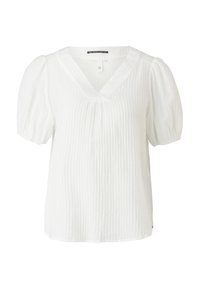 White short-sleeve blouse made of textured fabric, featuring a V-neckline and puffed sleeves with subtle vertical stripes.