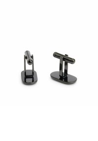 Gemelli in metallo nero con un design tubolare e una finitura lucida e elegante. La base è di forma ovale, creando un'estetica moderna.