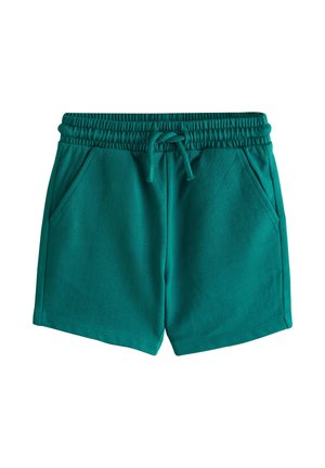 Pantalones cortos de color verde azulado con cintura elástica, cordón ajustable y dos bolsillos laterales, mostrados sobre un fondo blanco.