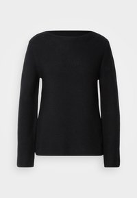 Pull noir en tricot à manches longues avec un col rond, présenté de face sur un fond clair uni.