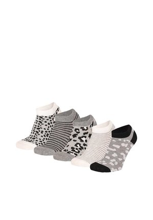 Five pairs of low-cut socks in grey, black, and white with striped and animal print patterns, arranged side by side.
