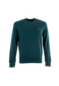 Felpa teal realizzata in misto cotone, con colletto e polsini a coste. Presenta un piccolo logo ricamato in oro sul petto.