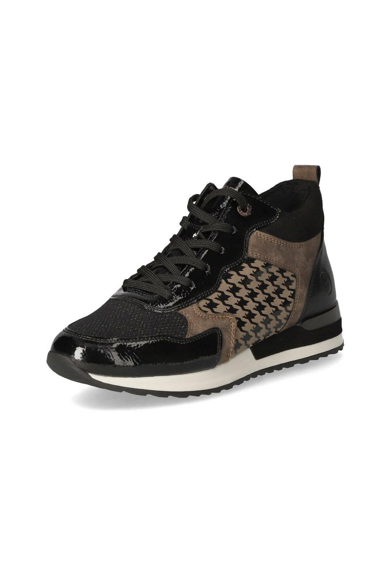 Schwarze und braune High-Top-Sneaker aus einer Mischung aus Lackleder, Wildleder und Mesh, mit einem Hahnentrittmuster an der Seite und schwarzen Schnürsenkeln.