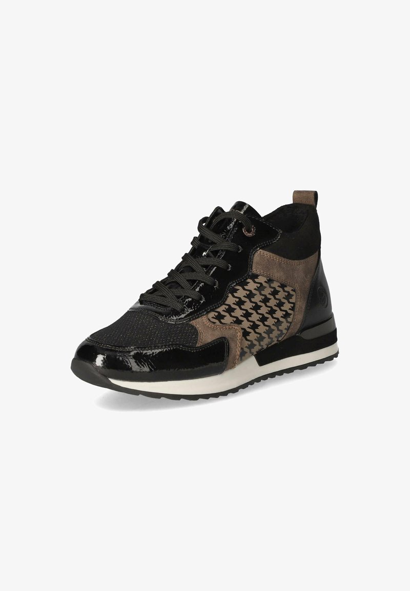 Black and brown high-top sneakers featuring a mix of patent leather, suede, and mesh, with a houndstooth pattern on the side and black laces.