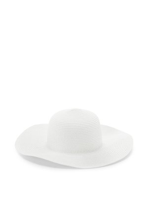 Wide-brimmed white woven sun hat with rounded crown, displayed on a plain white background.