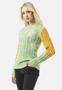 Gebreide trui met een kabelpatroon. Groene lichaam met een oranje mouw. Ribgebreide manchetten en zoom. Draag over donkere jeans.