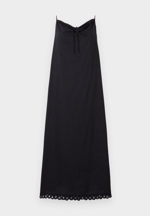 Rochie neagră fără mâneci, cu un decolteu plisat și detaliu cu legare; prezintă o margine din dantelă la tiv, fiind fabricată dintr-un material ușor.