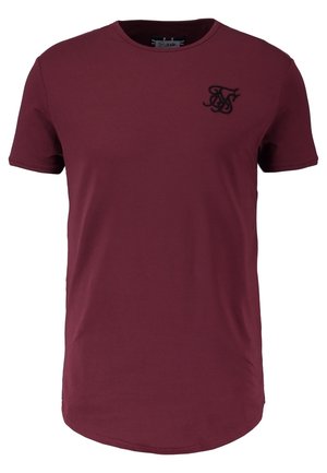 Camiseta burdeos de manga corta con cuello redondo y logo estilizado negro bordado en el pecho izquierdo.