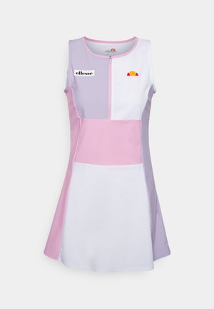 Ärmelloses Farbblock-Kleid mit Frontreißverschluss in Lavendel, Pink und Weiß, mit Ellesse-Logos auf der Brust und der oberen linken Seite.