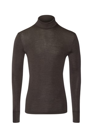 Mørkebrun turtle neck sweater lavet af et letvægts, tekstureret stof. Har lange ærmer og et tætsiddende krave design.