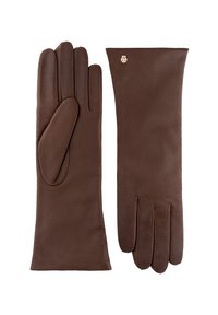 Braune Lederhandschuhe mit einer glatten Textur, einem schlanken Design und einer Manschette, die über das Handgelenk hinausreicht. Mit goldfarbenen Beschlägen versehen.